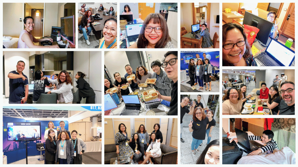 A collage of the Media MICE team at congresses—prepping Show Dailies, working hard and enjoying each other’s company in between