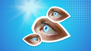A graphic with 3 human eyes with blue background and has light elements