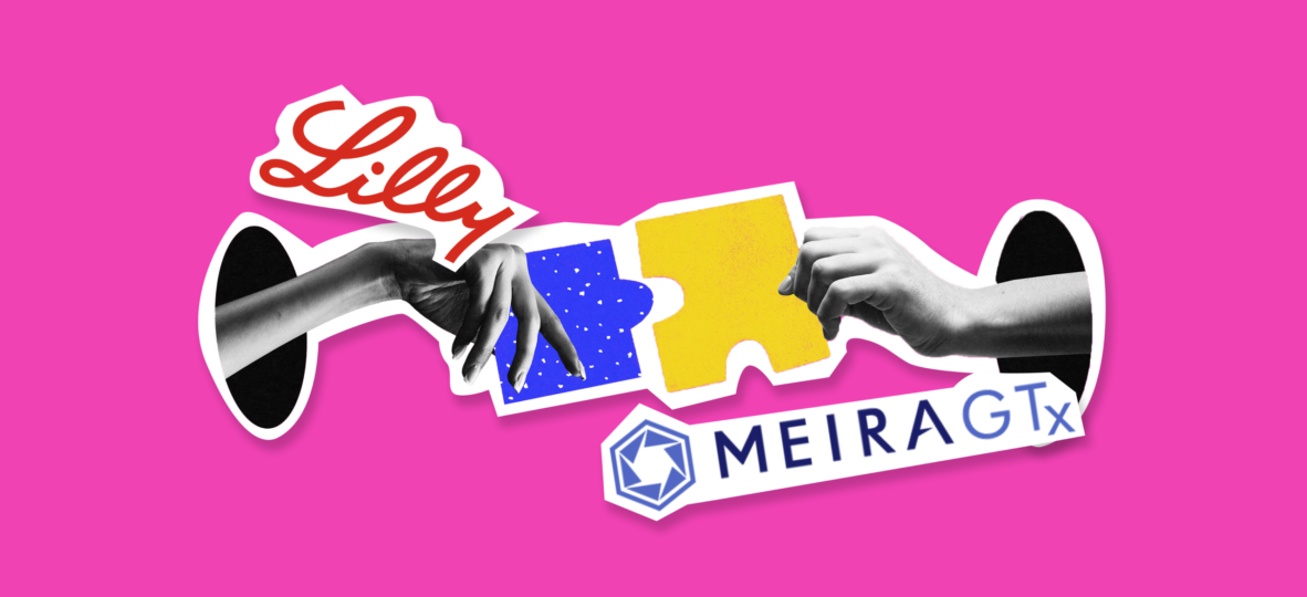 Illustration of two hands holding two puzzle pieces with the first hands holding a blue one and on the top of the hand is the logo of Eli Lilly, the other hand is holding a yellow puzzle and under it is the MeiraGTx logo with a pink background