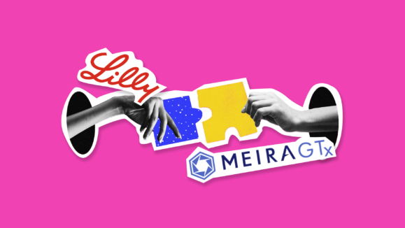 Illustration of two hands holding two puzzle pieces with the first hands holding a blue one and on the top of the hand is the logo of Eli Lilly, the other hand is holding a yellow puzzle and under it is the MeiraGTx logo with a pink background