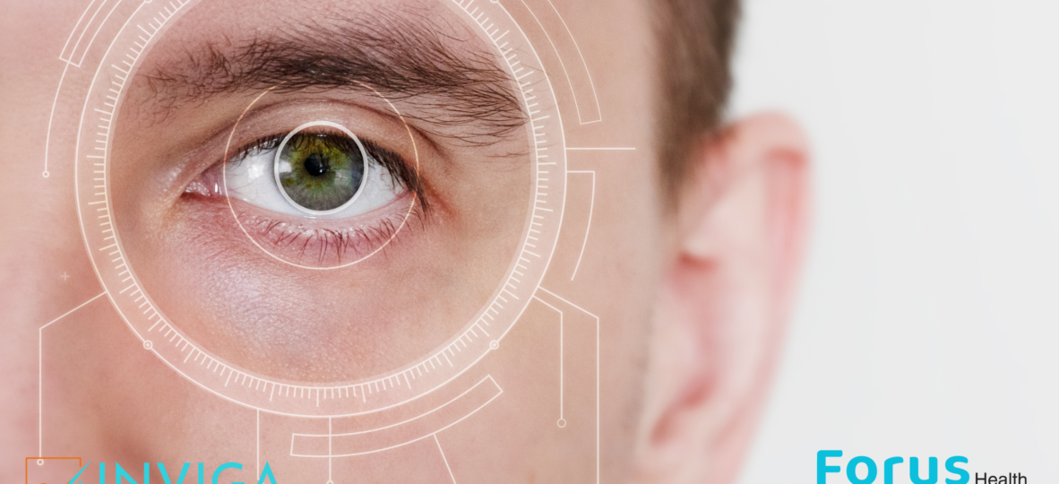 Close up picture of a man’s eye with digital scanning interface with the logos of Forus Health and Inviga Healthcare Fund