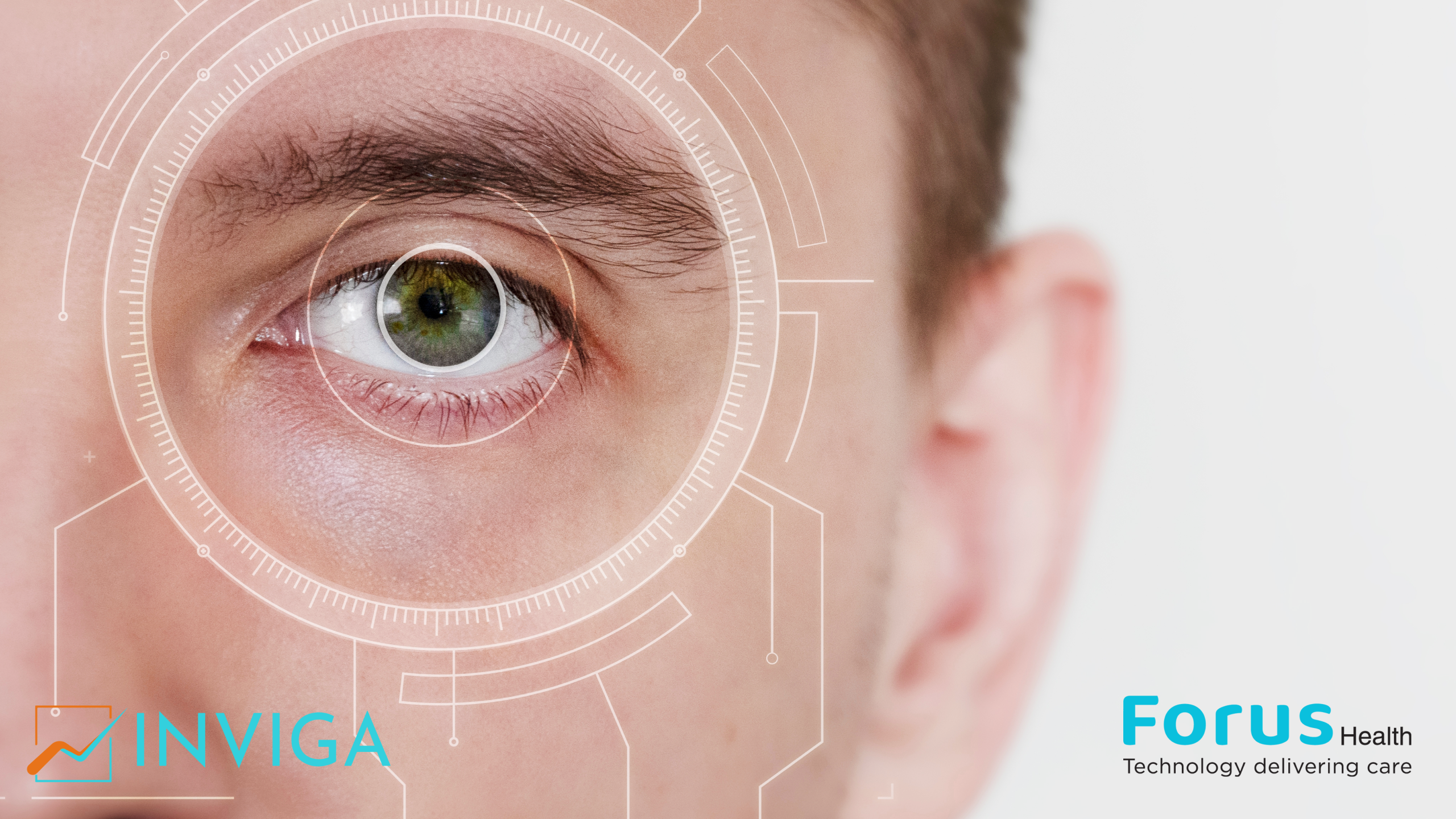 Close up picture of a man’s eye with digital scanning interface with the logos of Forus Health and Inviga Healthcare Fund