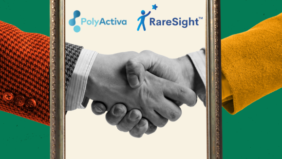 A framed image of two shaking hands, symbolizing the collaboration of PolyActiva and RareSight. Both company logos appear above the handshake.