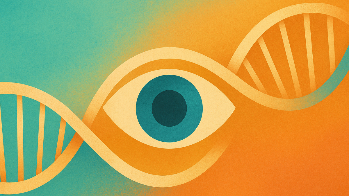 Stylized eye with DNA strands highlighting women-led, evidence-based ophthalmic care